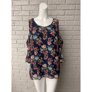 Sara & Michelle Women Navy Floral Cold Shoulder Chiffon Blouse Size M